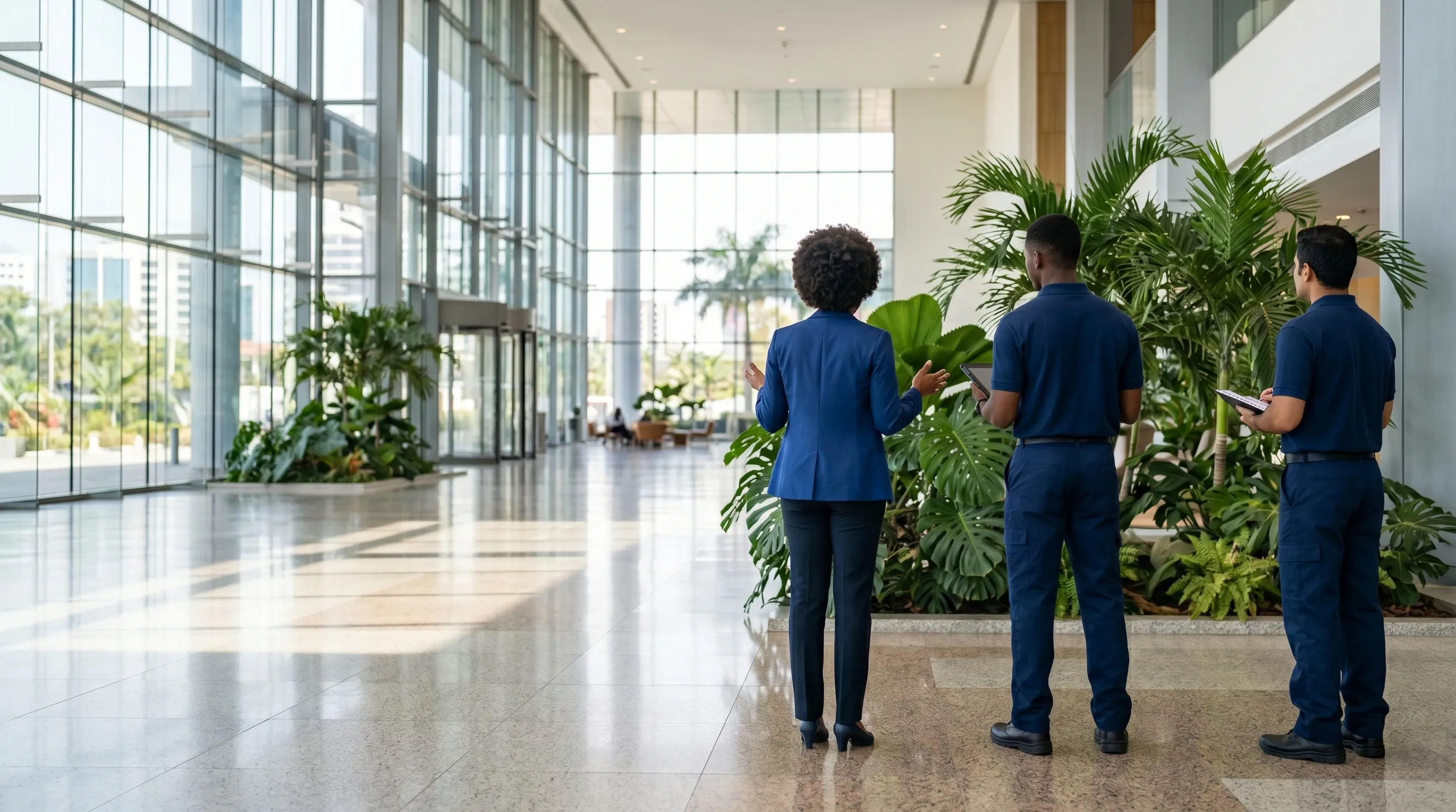 Operations manager briefing technical team in a modern lobby